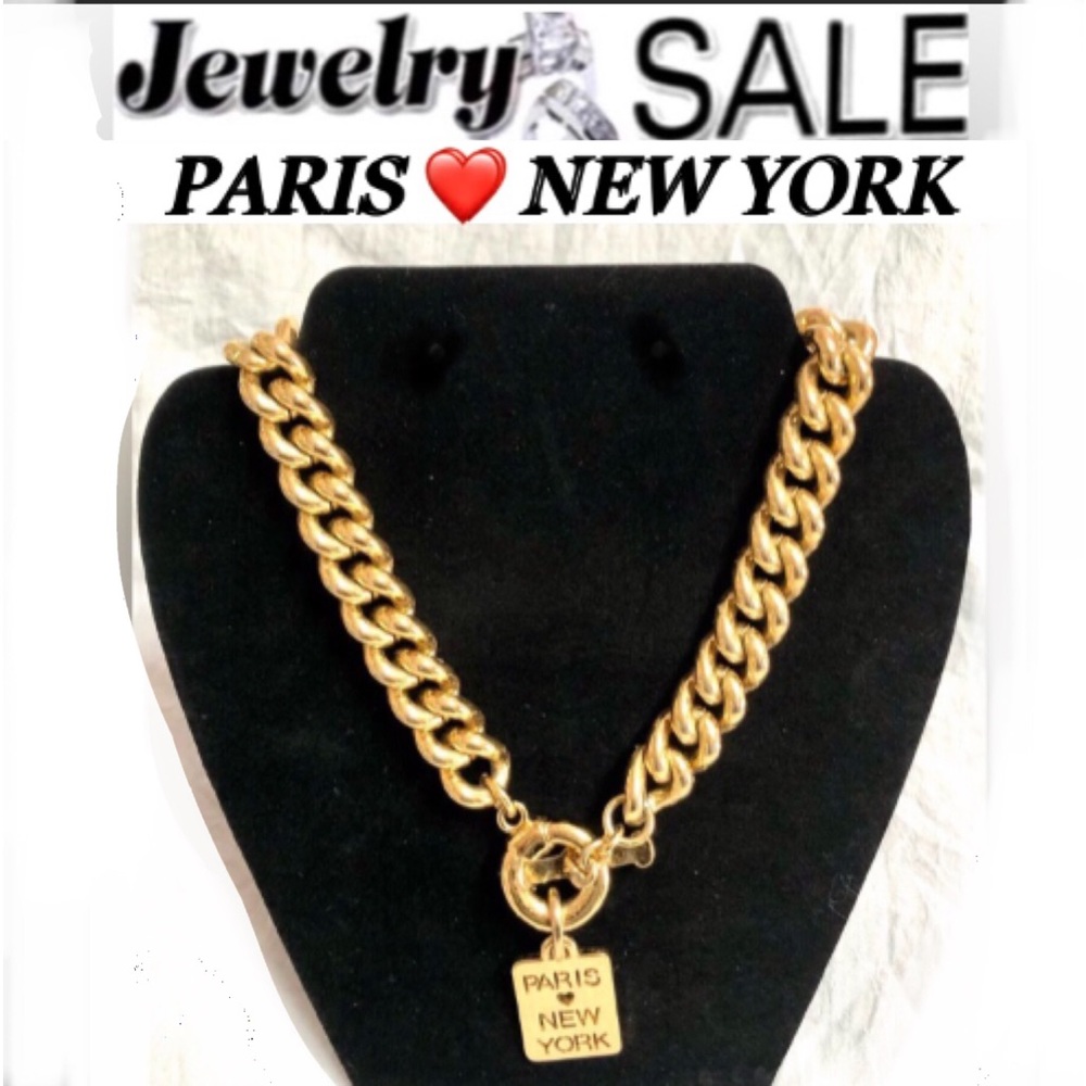 PARIS❤️NEW YORK chunky chain charm Gold Tone Linked Necklace size 9inch NEW